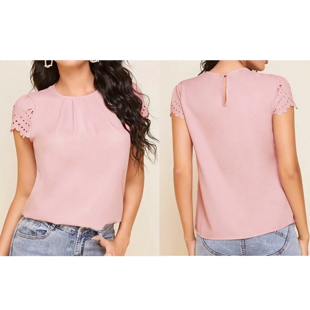 Shein Scallop Trim Laser Cut Sleeve Pleated Detail Top - Baby Pink - Size M